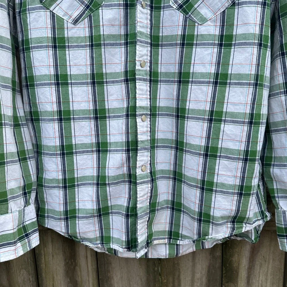 Aeropostale Plaid Western Pearl Snap Long Sleeve Shirt Green Sz Medium Retro Y2K